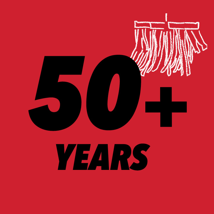 50+ years on red background with drawing of mitter cloth