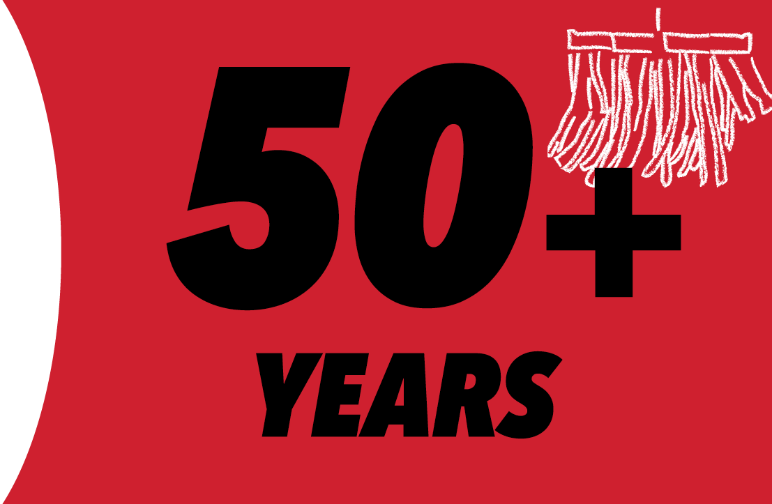 50+ years on red background with sketch of mitter cloth