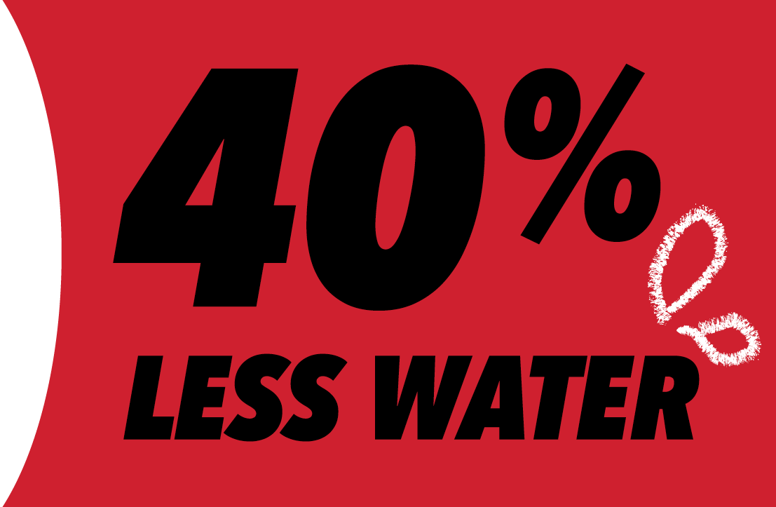 40% less water on red background with water drops drawing