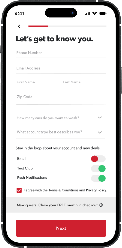 Register with email or phone Contact info screen