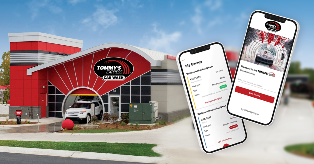 Tommy's Express App on a phone next to the Tommy's Express Car Wash