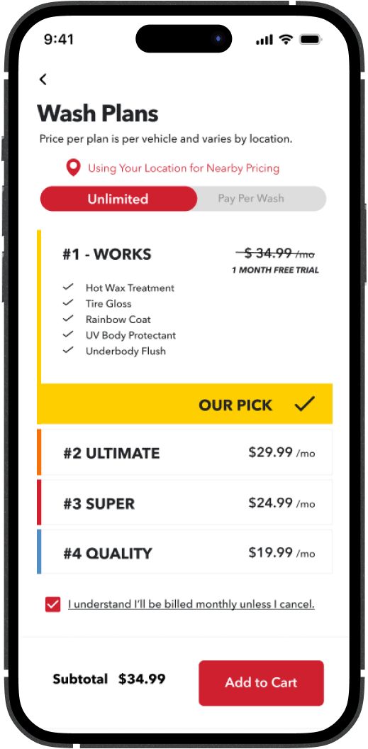 Choose your wash plan Choose wash plan screen