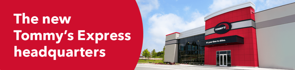 tommys express headquarters photo with text that reads "the new tommy's express headquarters"