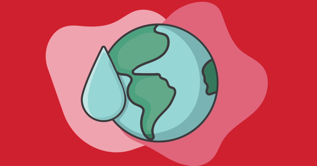 A cartoon drawing of Earth on a red background with a water drop next to it.
